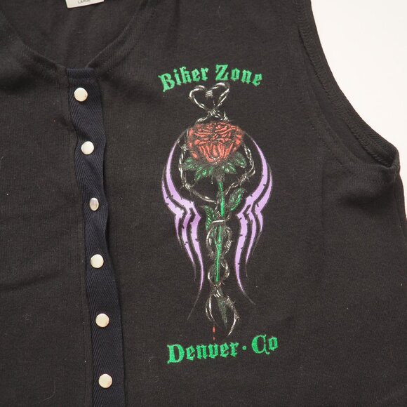 ! VTG Wave Trade Denver Colorado Biker Zone Black Snap Front Sleeveless Top - Picture 3 of 4